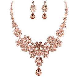 BriLove Wedding Bridal Jewelery Set for Women Rhinestone Butterfly Filigree Statement Necklace Dangle Earrings Peach Morganite Color Rose-Gold-Toned