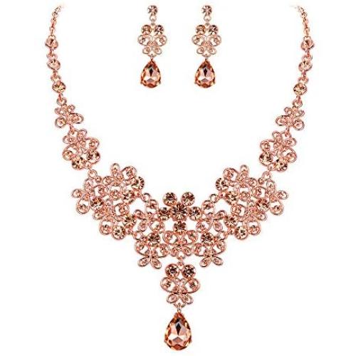 BriLove Wedding Bridal Jewelery Set for Women Rhinestone Butterfly Filigree Statement Necklace Dangle Earrings Peach Morganite Color Rose-Gold-Toned