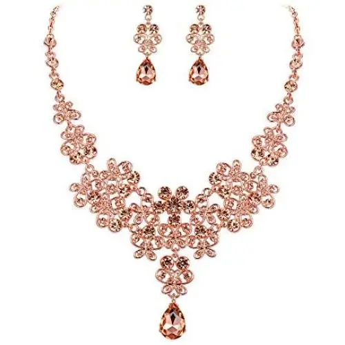 BriLove Wedding Bridal Jewelery Set for Women Rhinestone Butterfly Filigree Statement Necklace Dangle Earrings Peach Morganite Color Rose-Gold-Toned
