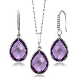 Gem Stone King 925 Silver Amethyst Pear Shape Pendant and Earrings Set (19.50 cttw Birthstone with 18 Inch Silver Chain)