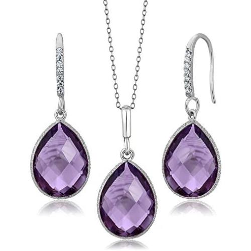 Gem Stone King 925 Silver Amethyst Pear Shape Pendant and Earrings Set (19.50 cttw Birthstone with 18 Inch Silver Chain)