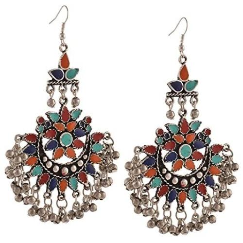 Bollywood Traditional Indian Jewelry Oxidized Silver Afghani Tribal Chandbali Earrings for Women/Girls