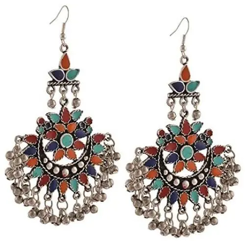 Bollywood Traditional Indian Jewelry Oxidized Silver Afghani Tribal Chandbali Earrings for Women/Girls Bollywood Traditional Indian Jewelry Oxidized Silver Afghani Tribal Chandbali Earrings for Women/Girls