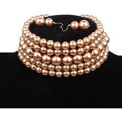 COLORFUL BLING 5 Rows Elegant Simulated Pearl Strand Choker Necklace with Earrings Set Women Ladies Statement Jewelry