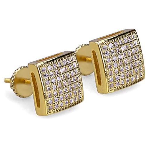 14K Gold Plated 925 Sterling Silver Iced out XL Large Square Screw Back Hypoallergenic Stud Earrings for Men and Women