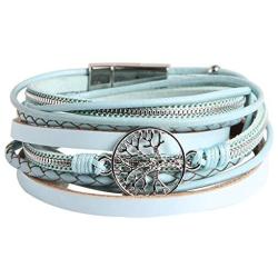 HZMAN Handmade Tree Of Life Natural pearl Leather Cuff Bracelet Magnetic Multi Strand Wrap Bracelet Bohemian Jewelry For Women, Wife, Sister