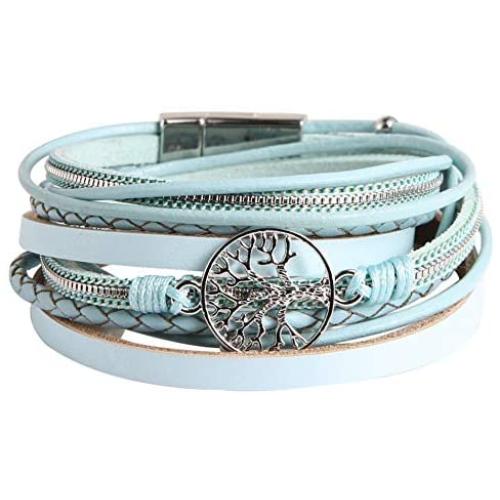 HZMAN Handmade Tree Of Life Natural pearl Leather Cuff Bracelet Magnetic Multi Strand Wrap Bracelet Bohemian Jewelry For Women, Wife, Sister