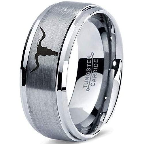 Longhorn Texas Bull Horn Ring - Tungsten Band 8mm - Men - Women - 18k Rose Gold Step Bevel Edge - Yellow - Grey - Blue - Black - Brushed - Polished - Wedding - Gift Dome Flat Cut