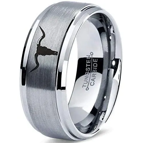 Longhorn Texas Bull Horn Ring - Tungsten Band 8mm - Men - Women - 18k Rose Gold Step Bevel Edge - Yellow - Grey - Blue - Black - Brushed - Polished - Wedding - Gift Dome Flat Cut Longhorn Texas Bull Horn Ring - Tungsten Band 8mm - Men - Women - 18k Rose Gold Step Bevel Edge - Yellow - Grey - Blue - Black - Brushed - Polished - Wedding - Gift Dome Flat Cut