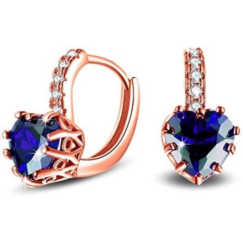 Uloveido Dainty Red & Blue Cubic Zirconia Love Heart Lever Back Solitaire Earrings Rose Gold Plated Fashion Ear Jewelry HE515