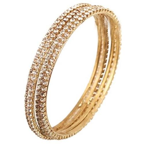Touchstone ''Golden Bangle Collection Traditional Slim Single Line Clear Rhinestone Indian Bollywood Designer Jewelry Metal Bangle Bracelets in Antique Gold Tone for Women. Set of 4.