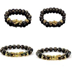 4 Pieces Feng Shui Golden Pi Xiu Bead Chinese Bracelet Hand Carved Black Obsidian Amulet Bead Mantra Stone Adjustable Elastic Bangle for Mens Women Attracting Wealth Good Luck Jewelry