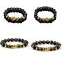 4 Pieces Feng Shui Golden Pi Xiu Bead Chinese Bracelet Hand Carved Black Obsidian Amulet Bead Mantra Stone Adjustable Elastic Bangle for Mens Women Attracting Wealth Good Luck Jewelry