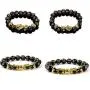 4 Pieces Feng Shui Golden Pi Xiu Bead Chinese Bracelet Hand Carved Black Obsidian Amulet Bead Mantra Stone Adjustable Elastic Bangle for Mens Women Attracting Wealth Good Luck Jewelry