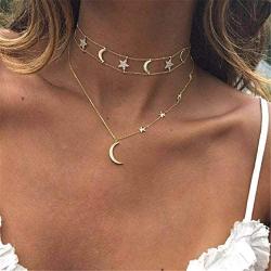 VESOCO Boho Rhinestone Moon Star Chain Choker Neckalce Chain Boho Jewelry Chain for Women and Girls for Dancing Party Wedding Vacation (Style 2)