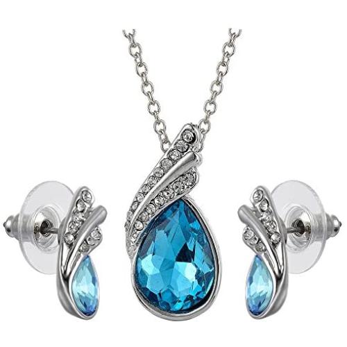 RIZILIA Teardrop Jewelry Set Pendant with 17'' Chain & Stud Earrings Pear Cut Austrian Crystal in White Gold Plated