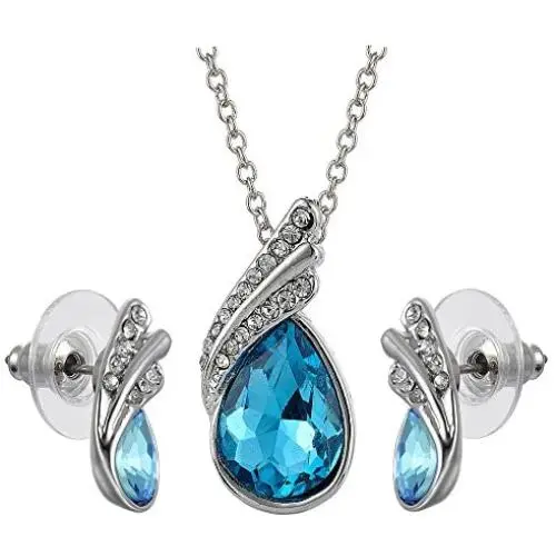 RIZILIA Teardrop Jewelry Set Pendant with 17'' Chain & Stud Earrings Pear Cut Austrian Crystal in White Gold Plated RIZILIA Teardrop Jewelry Set Pendant with 17'' Chain & Stud Earrings Pear Cut Austrian Crystal in White Gold Plated