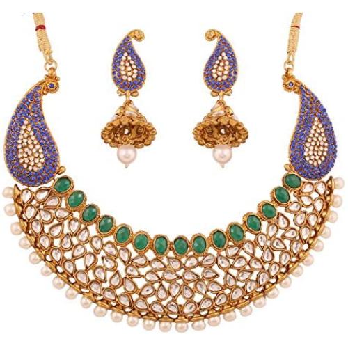 Touchstone Indian Bollywood Handcrafted Traditional Royal Mughal Kundan Polki Meenakari Enamel Colorful Wedding Designer Jewelry Long Necklace Set in Gold and Silver Tone for Women.