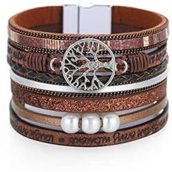 RONLLNA Tree of Life Leather Cuff Bracelet Wrap Bangle Boho Bracelets with Pearl for Women Gifts (Brown Cuff Bracelet)