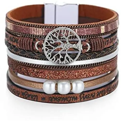 RONLLNA Tree of Life Leather Cuff Bracelet Wrap Bangle Boho Bracelets with Pearl for Women Gifts (Brown Cuff Bracelet)