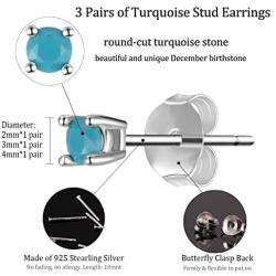 Sterling Silver Stud Earrings for Men Women Girls- Hypoallergenic Tiny Turquoise Stud Earring Set 2mm 3mm 4mm White Gold Plated Round Prong-Set Birthstone Small Earrings
