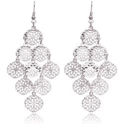 Boho Filigree Flower Motif Rhombus Shape Chandelier Tiered Dangle Statement Earrings