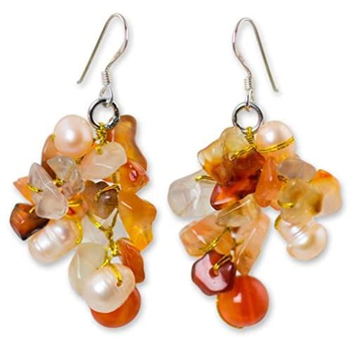 NOVICA Cultured Freshwater Pearl and Carnelian Earrings with Sterling Silver Hooks, Happiness