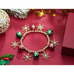 OFGOT7 Bling Christmas White Snowflake Charm Beaded Bracelet Stretch Strand Elastic Glass Dangle Beads Bell Rings for Women Girls