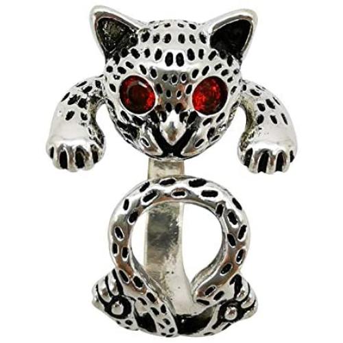 CENEER Cat Ring, Cute Alloy Silver Plating Red Eye Black Lucky Cat Paws Print Adjustable Animal Jewelry Gifts for Cat Lovers Women