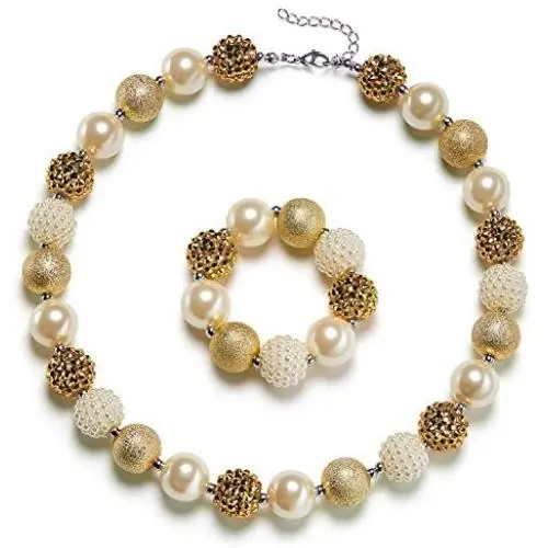 vcmart Girls Gold Chunky Bubblegum Beaded Necklace & Bracelet Set as Gifts vcmart Girls Gold Chunky Bubblegum Beaded Necklace & Bracelet Set as Gifts