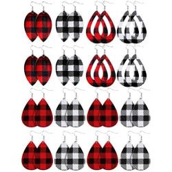 16 Pairs Christmas Plaid Earrings Faux Leather Dangle Earrings Teardrop Leaf Hollow Drop Earrings, Black and Red, Black and White