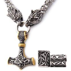 Gungneer Thors Hammer Pendant Mixed Gold Color Viking Mjolnir Necklace for Men with Wolf Head, 316L Stainless Steel Bonus 2 Rune Beads