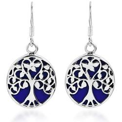 Tree of Life with Simulated Blue Lapis-Lazuli Accents .925 Sterling Silver Dangle Earrings