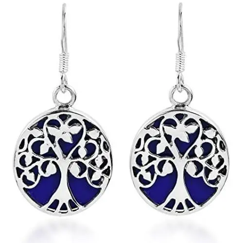 Tree of Life with Simulated Blue Lapis-Lazuli Accents .925 Sterling Silver Dangle Earrings Tree of Life with Simulated Blue Lapis-Lazuli Accents .925 Sterling Silver Dangle Earrings