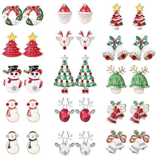 Besteel 15 Pairs Christmas Stud Earrings Set for Women Cute Hypoallergenic Festive Earrings Jewelry Snowmen Santa Christmas Tree