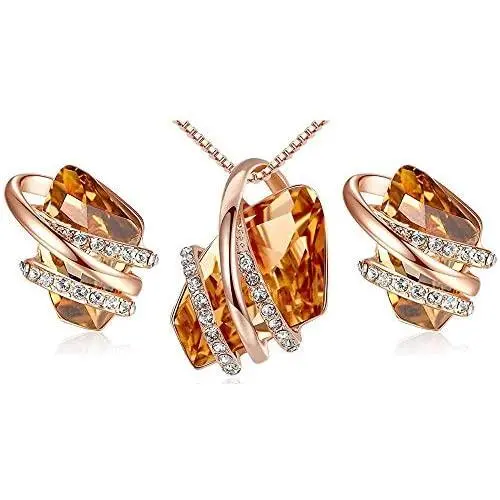 EMESLY 18K Rose Gold Plated Necklace/Earrings; Embellished with Premium Crystals, Nickel & Lead Free, Hypoallergenic Long Lasting Finish; Perfect Jewelry Gift for Women & Girls EMESLY 18K Rose Gold Plated Necklace/Earrings; Embellished with Premium Crystals, Nickel & Lead Free, Hypoallergenic Long Lasting Finish; Perfect Jewelry Gift for Women & Girls