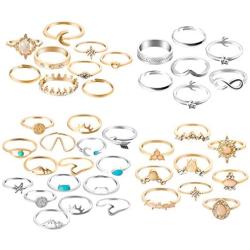 PANTIDE 55Pcs Boho Star Moon Knuckle Ring Set for Women Girls Vintage Stackable Trendy Finger Midi Rings Jewelry Bohemian Hollow Carved Flowers Gold&Silver Rings Crystal Joint Rings with Storage Bag