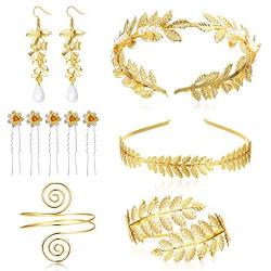 Thunaraz 10Pcs Goddess Costume Accessories Set Greek Roman Laurel Leaf Bracelet Golden Leaves Bridal Hair Crown Headband Pearl Leaf Earrings Hair Pins for Wedding Party Accessories