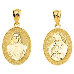 Certified 14k Gold Sacred Heart of Jesus and Immaculate Heart of Mary Reversible Medal Pendant