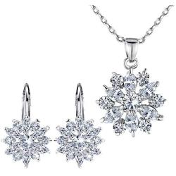 BAMOER 18K Rose Gold Plated Cubic Zirconia Snowflake Lever Back Earrings Necklace Set for Women CZ Jewelry Set