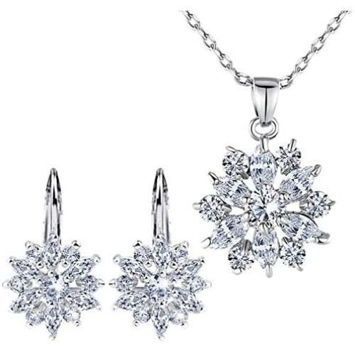 BAMOER 18K Rose Gold Plated Cubic Zirconia Snowflake Lever Back Earrings Necklace Set for Women CZ Jewelry Set