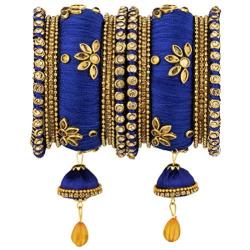 Aheli Royal Design Faux Stone Studded Silk Thread Bangle Chuda Set with Jhumki Tassel Hanging Indian Wedding Fashion Jewelry for Women