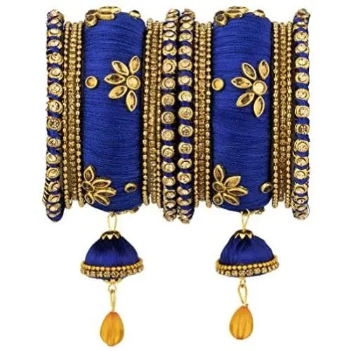 Aheli Royal Design Faux Stone Studded Silk Thread Bangle Chuda Set with Jhumki Tassel Hanging Indian Wedding Fashion Jewelry for Women