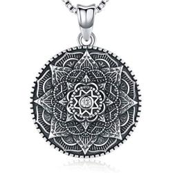 Friggem Sterling Silver Mandala Necklace,Flower of Life Pendant Necklace for Teen Girls Gift for Women,3D Blooming Black Mandala Pendant Chain 18'',Vintage Viking Necklace Jewelry with Fine Gift Box
