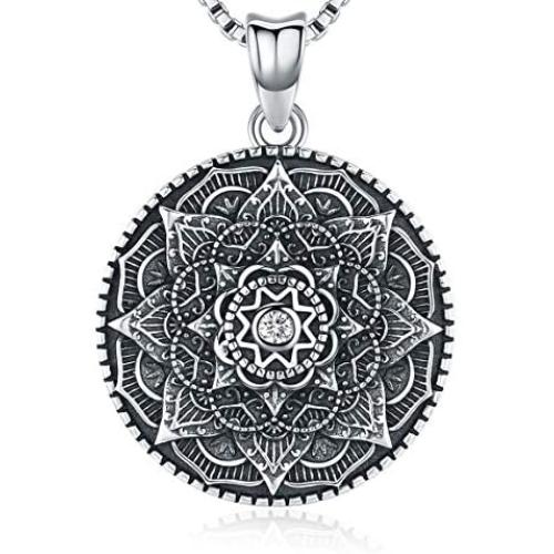 Friggem Sterling Silver Mandala Necklace,Flower of Life Pendant Necklace for Teen Girls Gift for Women,3D Blooming Black Mandala Pendant Chain 18'',Vintage Viking Necklace Jewelry with Fine Gift Box
