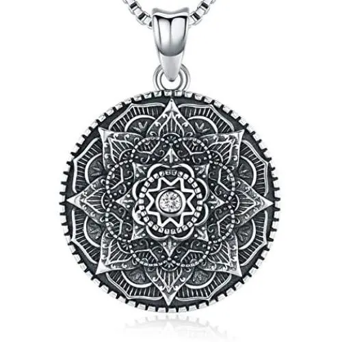 Friggem Sterling Silver Mandala Necklace,Flower of Life Pendant Necklace for Teen Girls Gift for Women,3D Blooming Black Mandala Pendant Chain 18'',Vintage Viking Necklace Jewelry with Fine Gift Box