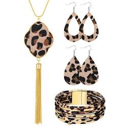 Hicarer 4 Pack Leopard Jewelry Set Y-Shape Tassel Necklace Leopard Rhombus Hook Dangle Earrings Multilayer Bracelet