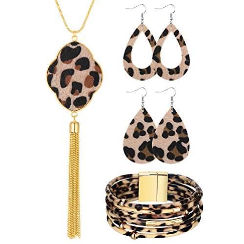 Hicarer 4 Pack Leopard Jewelry Set Y-Shape Tassel Necklace Leopard Rhombus Hook Dangle Earrings Multilayer Bracelet