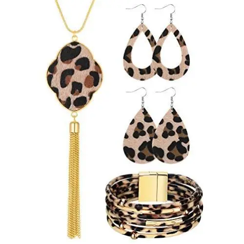 Hicarer 4 Pack Leopard Jewelry Set Y-Shape Tassel Necklace Leopard Rhombus Hook Dangle Earrings Multilayer Bracelet Hicarer 4 Pack Leopard Jewelry Set Y-Shape Tassel Necklace Leopard Rhombus Hook Dangle Earrings Multilayer Bracelet
