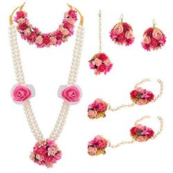 Zephyrr Traditional Floral Fashion Jewellery Neckalce Set, Earrings, Maang Tiika, Bracelet, Ring For Women Haldi, Mehendi, Baby Shower Occasion